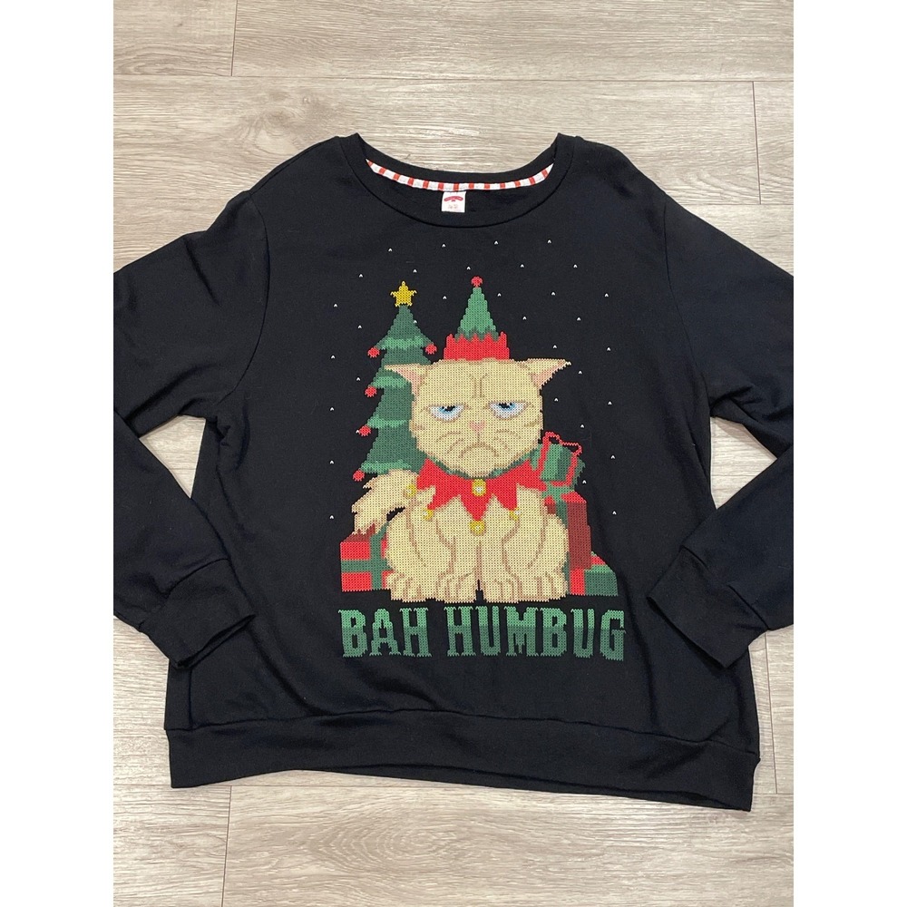 Holiday Christmas Sweatshirt Cat Design Black Sweater Long Sleeve XL Lightweight